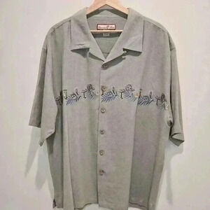 Paradise Blue Mens XXL 100% Silk Button-up Embroidered Cocktail Aloha Shirt